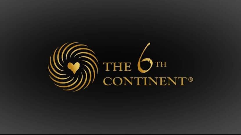 Logo du nouveau soin de la fédération des 5 continents. Couleur dorée sur fond noir. Un coeur au centre avec 15 rayons qui l'entourent pour former un cercle. Il est écrit thé 6th continent.