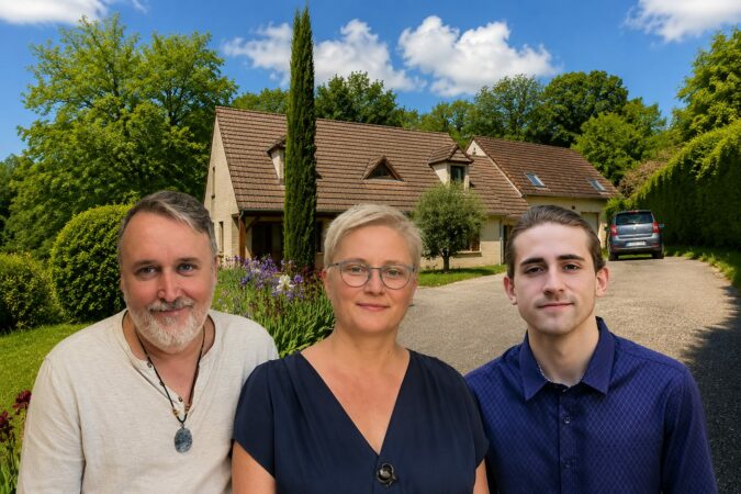 Les praticiens Alexandra Brennetot, Laurent Padiolleau et Léonard Brennetot devant leur lieu de consultation à Limours